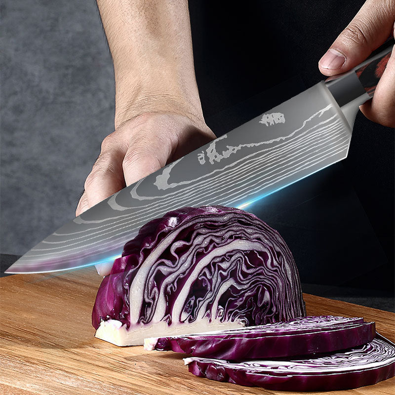 7-inch chef knife with a laser-etched Damascus pattern, stainless steel blade, and color steel handle with steel head—sharp, stylish, and ideal for precision slicing.