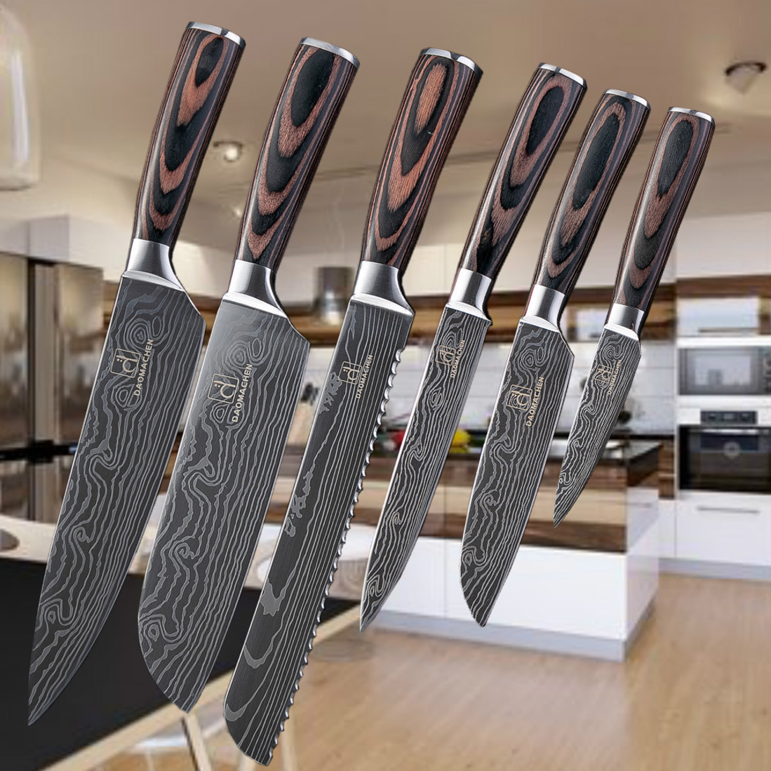 Professional chef knife set featuring ultra-sharp stainless steel blades with a laser-etched Damascus pattern and color steel handles—designed for slicing, chopping, and cleaving in the kitchen.