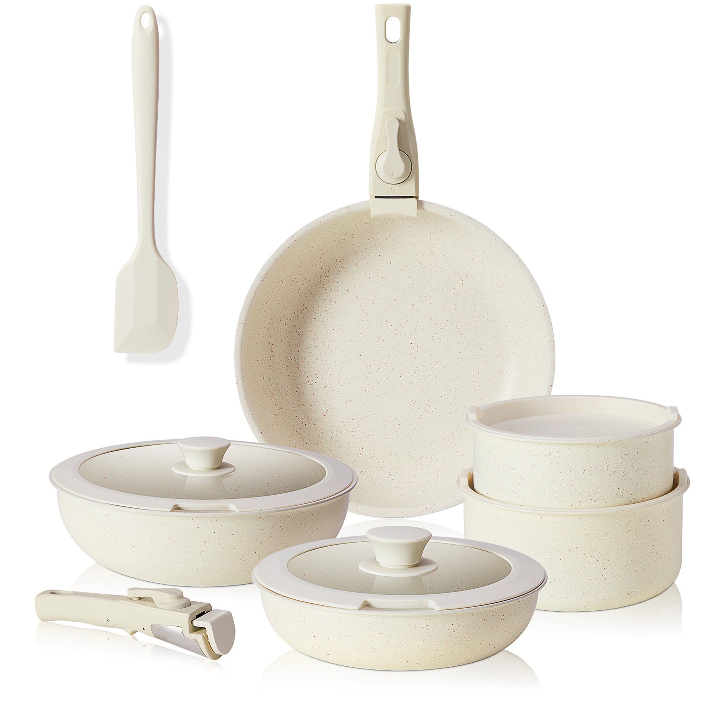 Image of the GraniteGuard 12-Piece Non-Stick Cookware Set in a sleek white finish, featuring granite-coated pots and pans with detachable, heat-resistant handles and a stackable design for optimized storage.