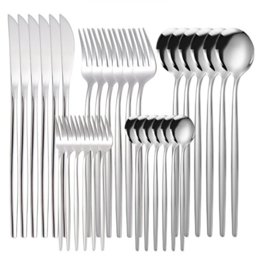 Set of silver cutlery including forks, knives, and spoons with a blue box in the background.