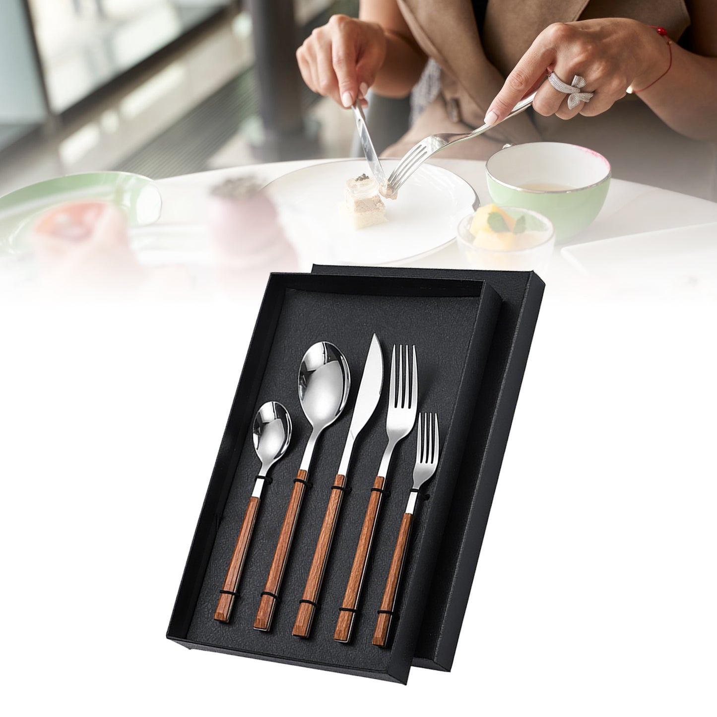Elegant Stainless Steel Cutlery Set with Wood Grain Handle
