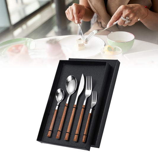Elegant Stainless Steel Cutlery Set with Wood Grain Handle