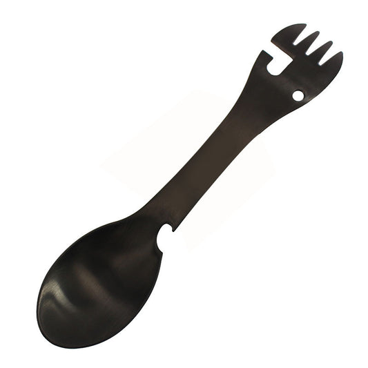 Stainless steel spork with a sleek black finish, combining fork and spoon functionalities in one compact utensil designed for outdoor survival and camping.