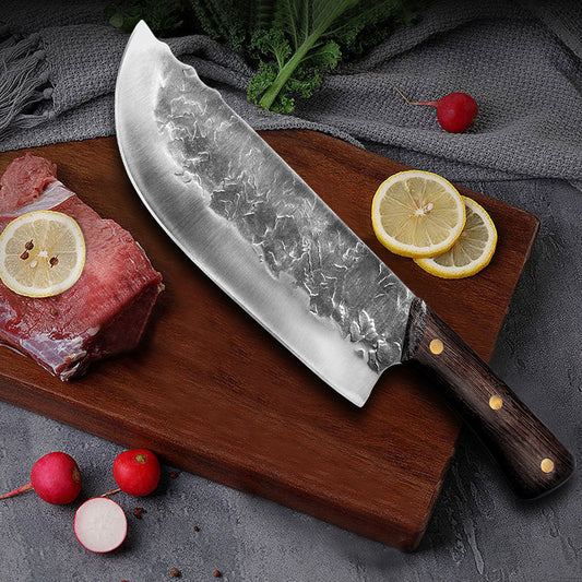Artisan Hand-Forged Stainless Steel Butcher Knife featuring a 29.8cm full length and 19.5cm sharp blade, paired with a chicken wing wood handle accented by copper nail details.