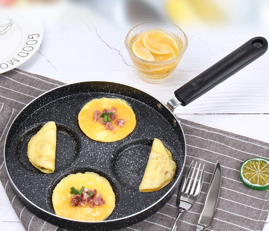 Image of the Eggcellence Nonstick Frying Pan – a 4-cup capacity egg and pancake pan designed for gas stoves, featuring a durable aluminum alloy body and a securely attached wood handle, not compatible with induction cookers.