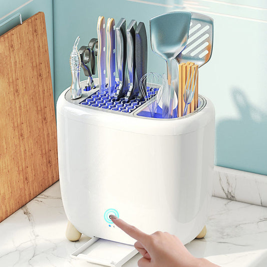 Mini sterilization knife holder in a compact plastic design, used for organizing and sanitizing kitchen utensils, chopsticks, and cutlery; available in white and green.