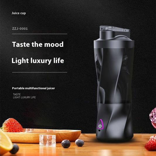 Portable multifunctional juicer with a 2-in-1 design, serving as both a water bottle and blender, featuring a sleek plastic body, stainless steel interior, and USB-powered blending function