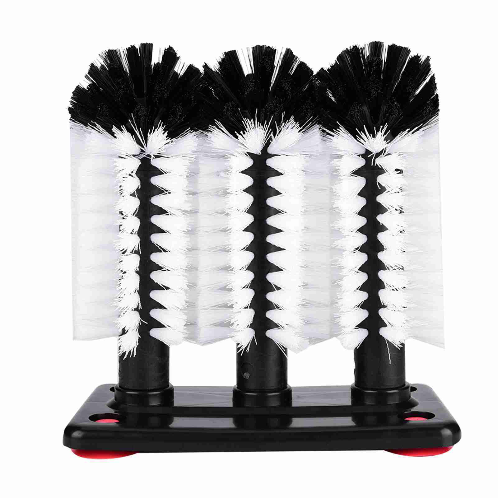3-in-1 bar glass cup washer with a suction cup base and three rotating nylon brushes, designed for thorough cleaning of cocktail, wine, and water glasses.