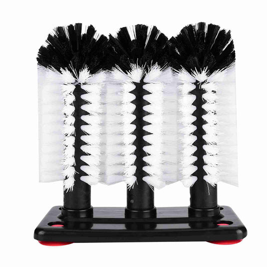 3-in-1 bar glass cup washer with a suction cup base and three rotating nylon brushes, designed for thorough cleaning of cocktail, wine, and water glasses.