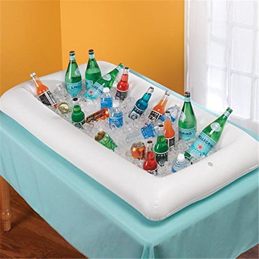 Bright white inflatable water bar table tray with an air cushion design that floats, serving as a durable food and drink holder for summer parties and outdoor events