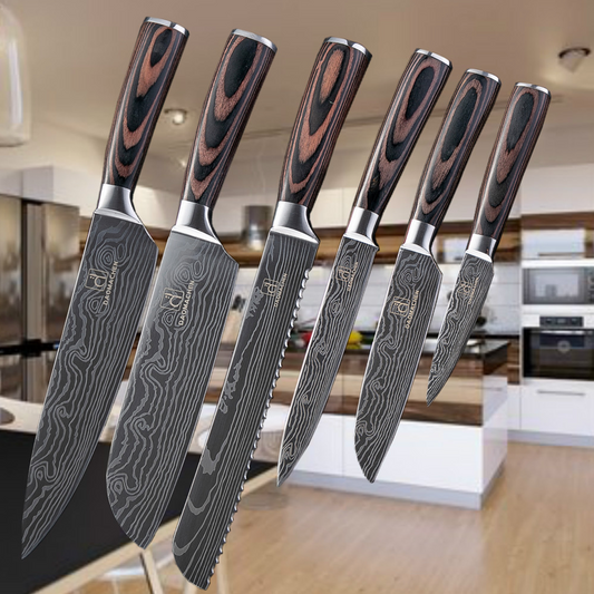 Professional chef knife set featuring ultra-sharp stainless steel blades with a laser-etched Damascus pattern and color steel handles—designed for slicing, chopping, and cleaving in the kitchen.