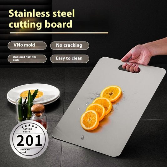 Image of the SteelGuard Pro Dual-Sided Stainless Steel Chopping Board featuring two distinct cutting surfaces—one for fruits and vegetables, and one for meat—with integrated hanging holes for convenient storage and a sleek, modern design.