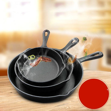 Image of the SearMaster Signature Cast Iron Steak Frying Pan Trio, featuring three non-stick cast iron pans in sleek black finish in sizes 16CM, 20CM, and 25CM (including both round and square shapes) designed for Chinese-style frying and searing.