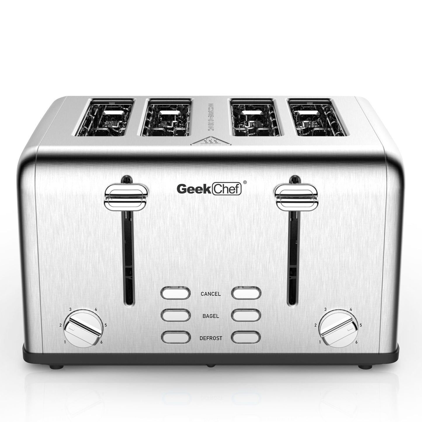 Image of the GeekChef Elite 4-Slice WideSlot Toaster featuring a sleek stainless steel finish, extra-wide 1.5" slots, dual control panels with Cancel, Bagel, and Defrost buttons, and removable crumb trays for easy cleaning.