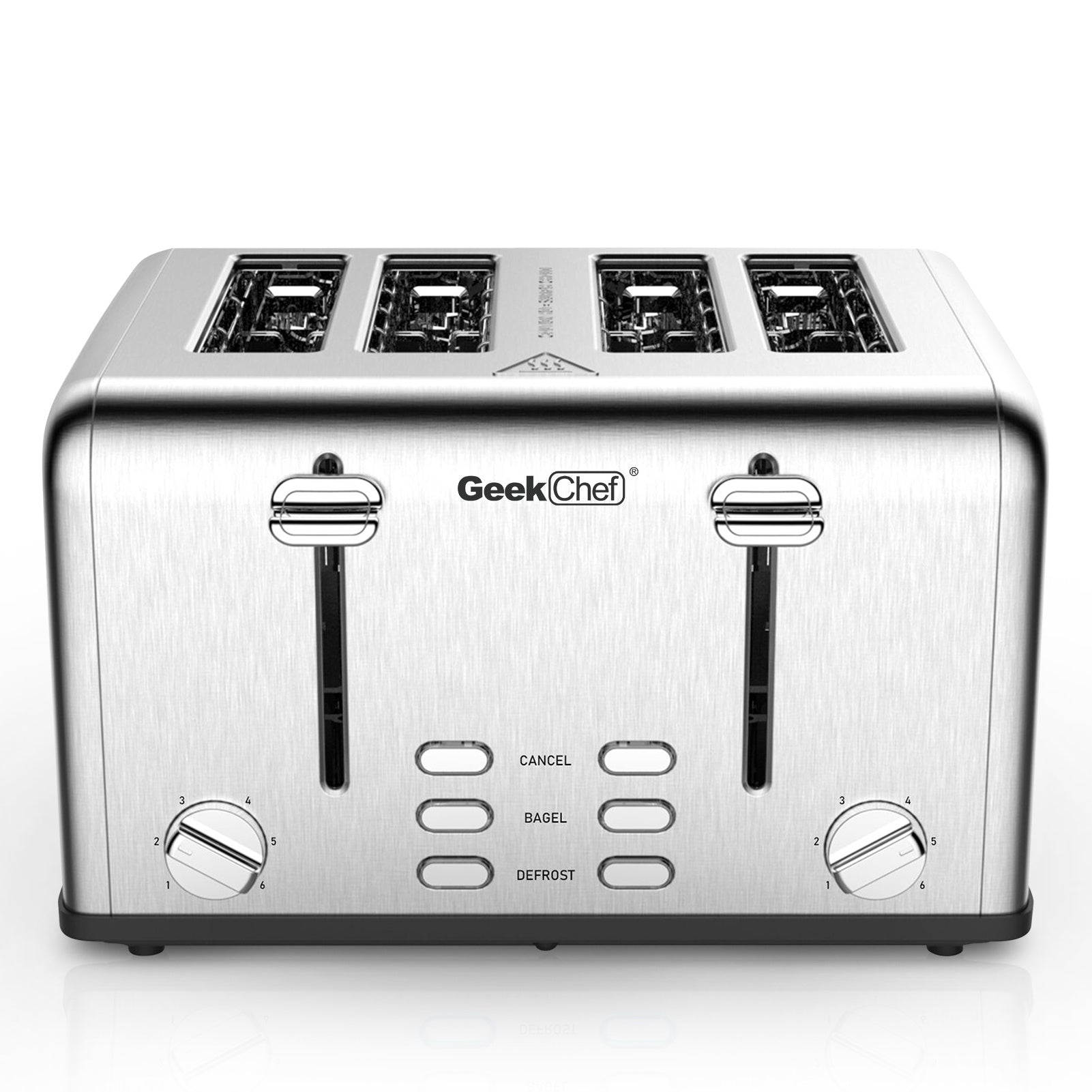 Image of the GeekChef Elite 4-Slice WideSlot Toaster featuring a sleek stainless steel finish, extra-wide 1.5" slots, dual control panels with Cancel, Bagel, and Defrost buttons, and removable crumb trays for easy cleaning.