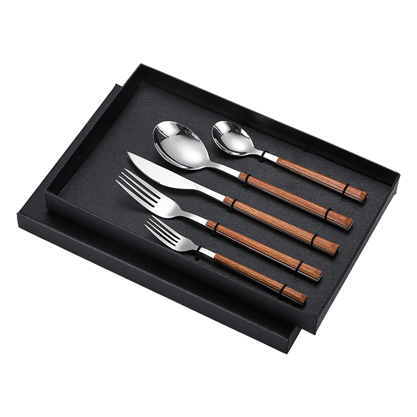 Elegant Stainless Steel Cutlery Set with Wood Grain Handle
