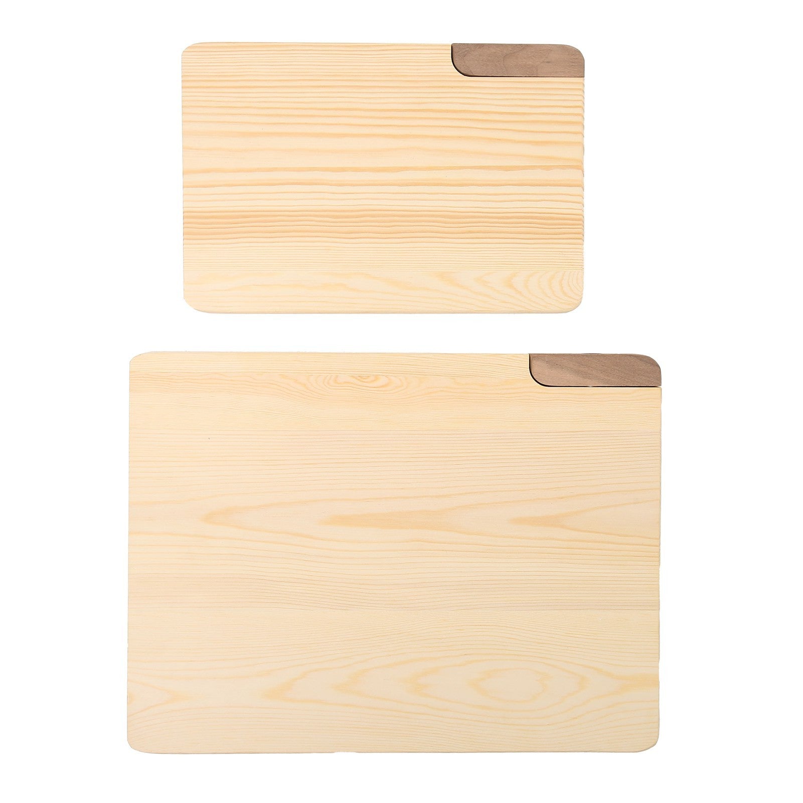 Image of the Rustic Duo Wooden Cutting Board Set, featuring two rectangular chopping boards crafted from premium pine and walnut with beveled edges, perfect for cutting fruits, vegetables, meats, and bread, and suitable as a cheese or serving board.