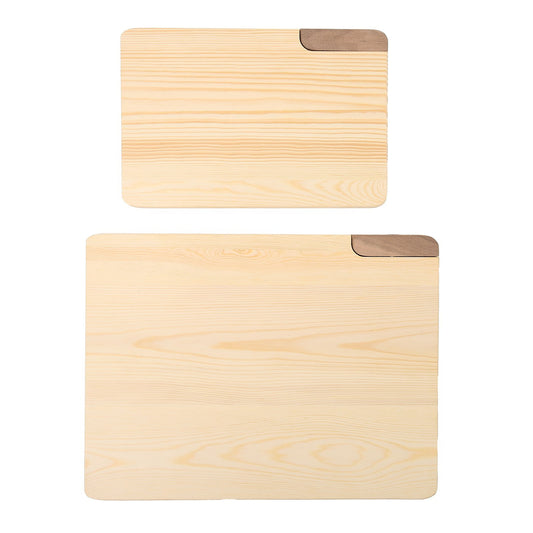Image of the Rustic Duo Wooden Cutting Board Set, featuring two rectangular chopping boards crafted from premium pine and walnut with beveled edges, perfect for cutting fruits, vegetables, meats, and bread, and suitable as a cheese or serving board.