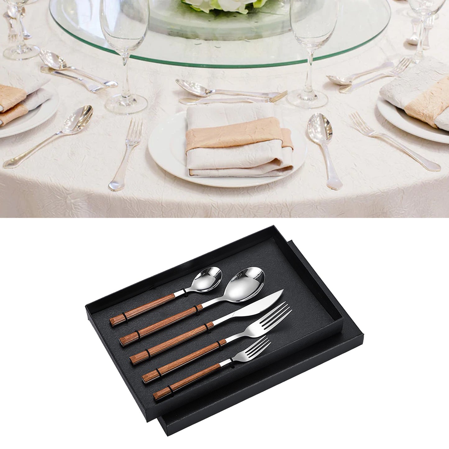 Elegant Stainless Steel Cutlery Set with Wood Grain Handle
