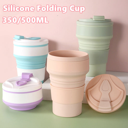 Portable folding mug with a leak-proof cover and thickened, stable bottom, made of food-grade silicone and PP, available in vibrant colors like purple & white, ideal for travel coffee, tea, and water
