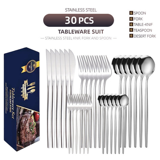 Elegant stainless steel 30-piece tableware set featuring mirror-polished knife, fork, and spoon pieces, presented in various Portuguese color box finishes.